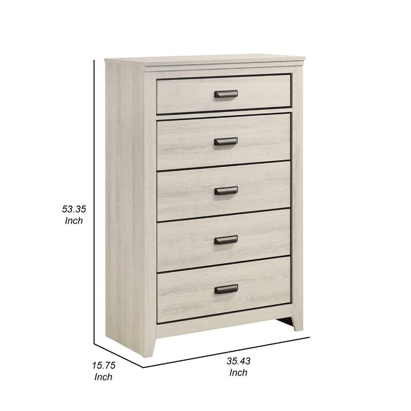 Lei Bedroom Tall Dresser Chest with 5 Drawers, Distressed White Wood