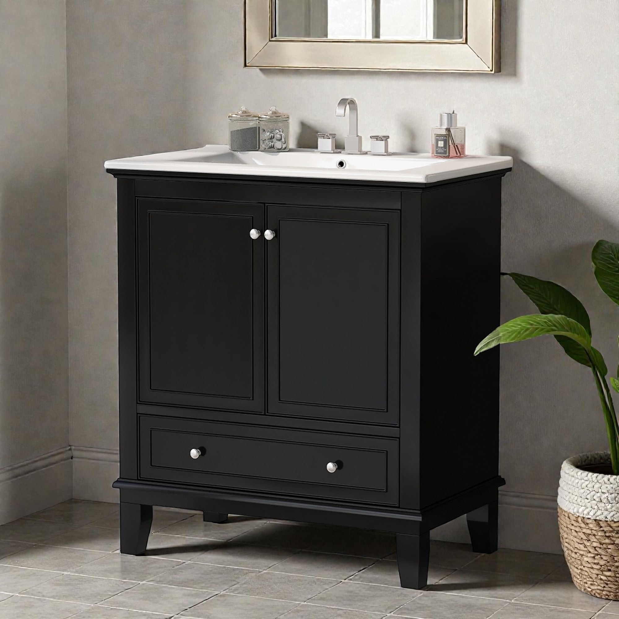 30 Inch Bathroom Vanity with Ceramic Sink, Solid Wood Freestanding Vanity Cabinet with Doors and Drawer, Modern Bath Storage