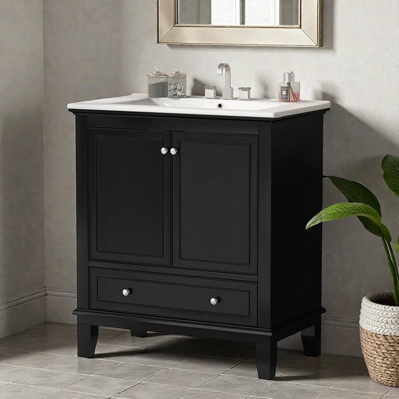30 Inch Bathroom Vanity with Ceramic Sink, Solid Wood Freestanding Vanity Cabinet with Doors and Drawer, Modern Bath Storage - Black