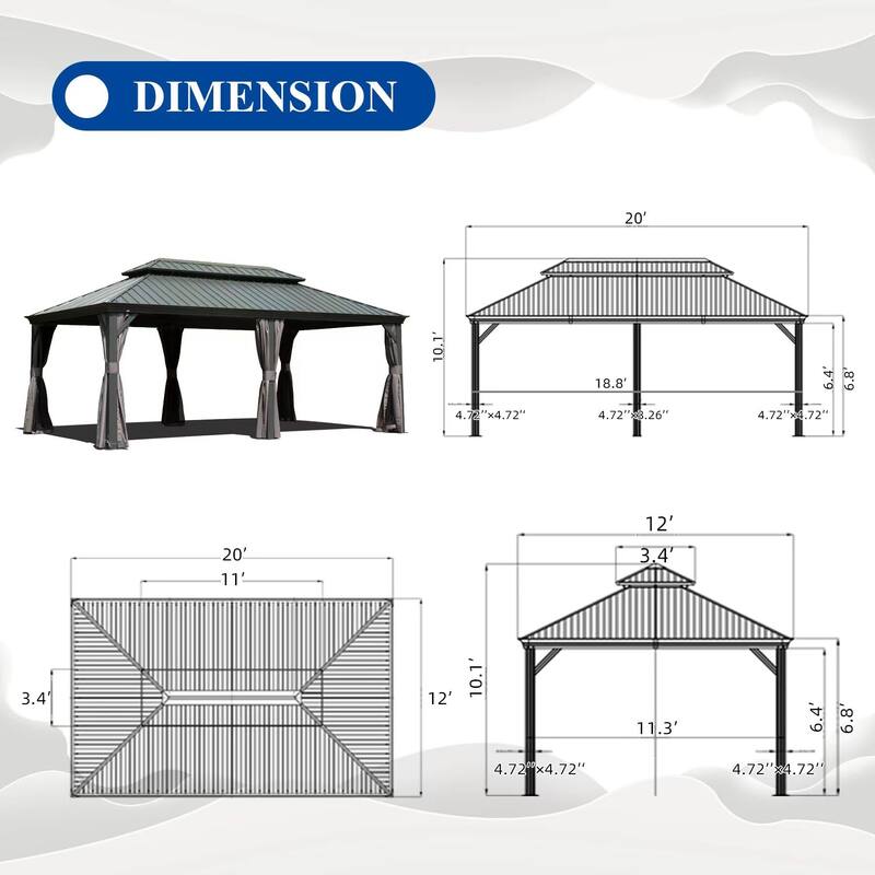 12' X 20' Hardtop Gazebo with Galvanized Steel Roof, Aluminum Frame, Curtains & Netting for Patio, Deck, Garden