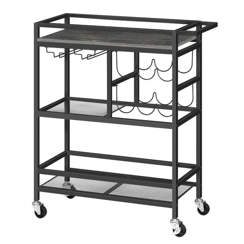 3-Tier Home Bar Serving Cart with Handle, Wine Rack, and Glass Holders - Charcoal Gray & Black