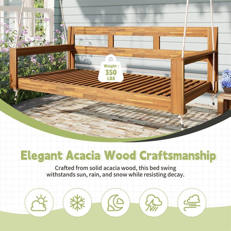 Patio Wood Twin Size Swing Bench with Hanging Ropes(No Cushion,Pillow)