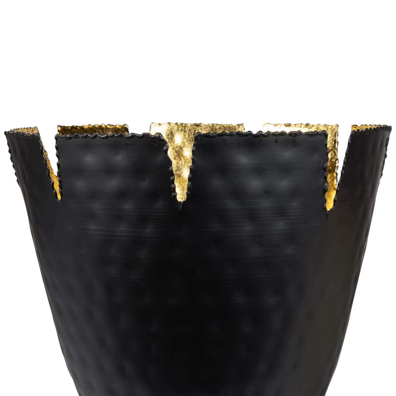 Iron and Foil Pillar Candle Holder with Wooden Base - 9.25" - Black and Gold