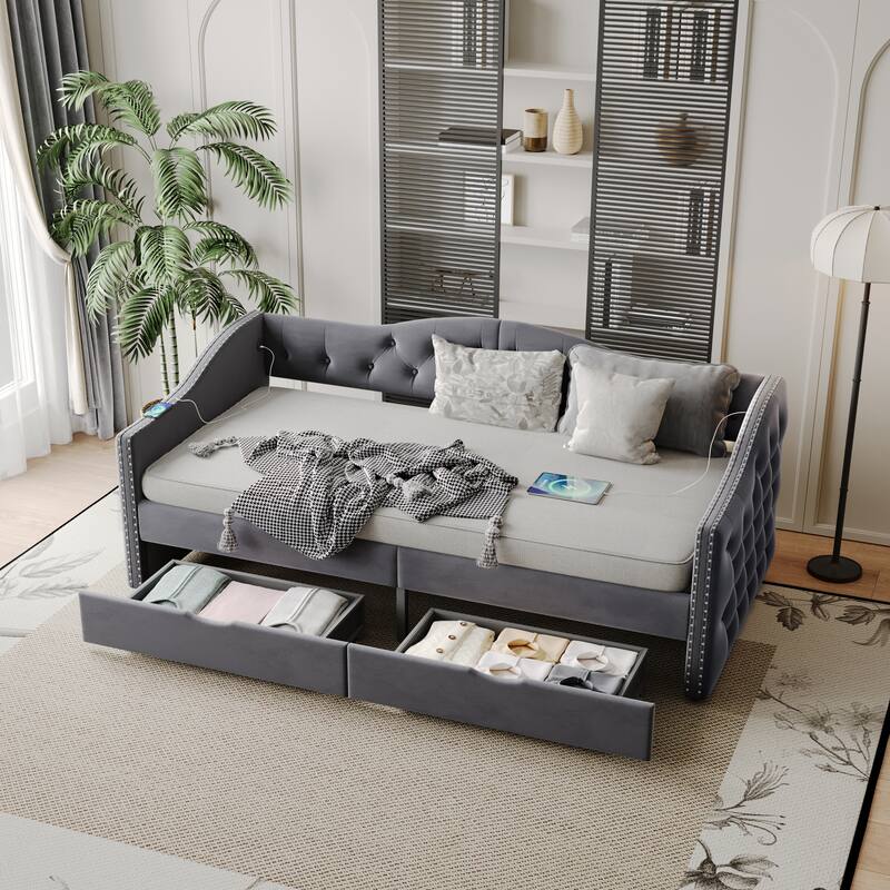 Upholstered Daybed with Storage Drawers, Wood Daybed Twin Size, No Box Spring Needed, Grey - Gray