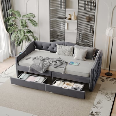 Upholstered Daybed with Storage Drawers, Wood Daybed Twin Size, No Box Spring Needed, Grey