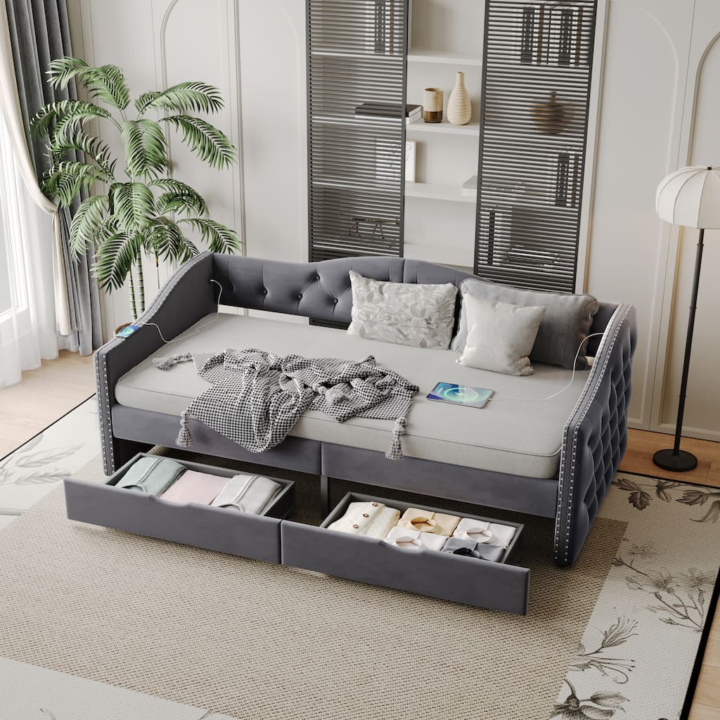 Upholstered Daybed with Storage Drawers, Wood Daybed Twin Size, No Box Spring Needed, Grey