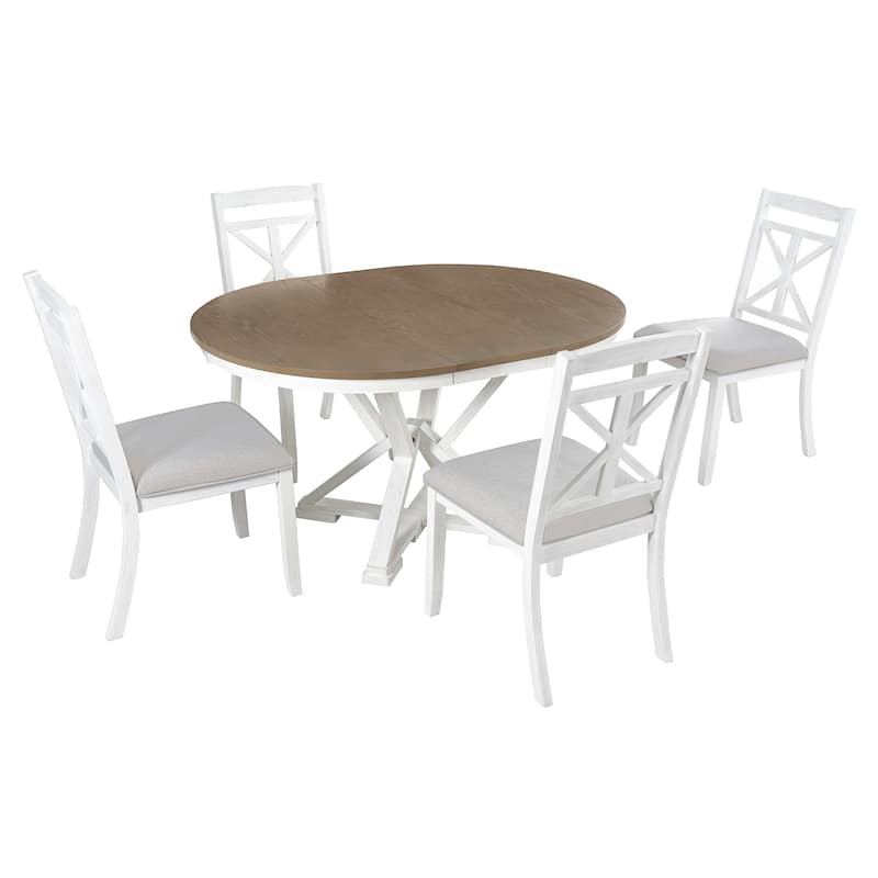 5-Piece Retro Dining Set, Extendable Round Table & 4 Upholstered Chairs