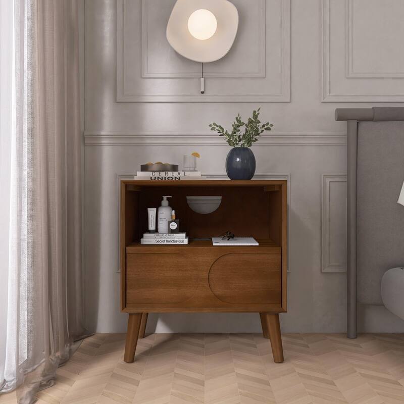 Mid Century Modern Nightstand with USB Ports & Outlet Hole & 4 Solid Wood Legs, End Table with Open Space and Drawer - Walnut Brown