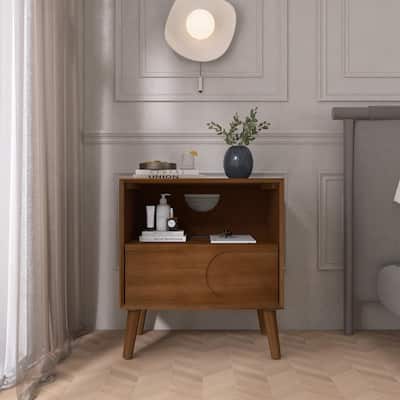 Mid Century Modern Nightstand with USB Ports & Outlet Hole & 4 Solid Wood Legs, End Table with Open Space and Drawer