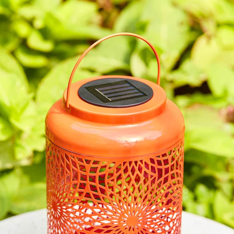 Glitzhome 8.75"H Outdoor Waterproof Metal Solar Hanging Lantern with Flower Leaves Decor