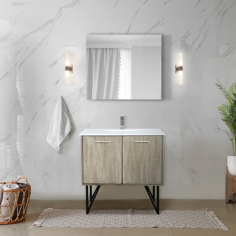 Lancy 36 in W x 20 in D Rustic Acacia Bath Vanity, White Quartz Top, Chrome Faucet Set and 28 in Mirror - Chrome Finish