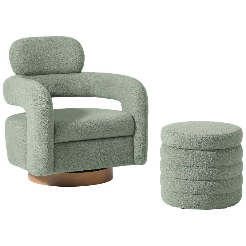 Bayville Sherpa Swivel Chair With Round Storage Ottoman 2-Piece Set - Ice Green