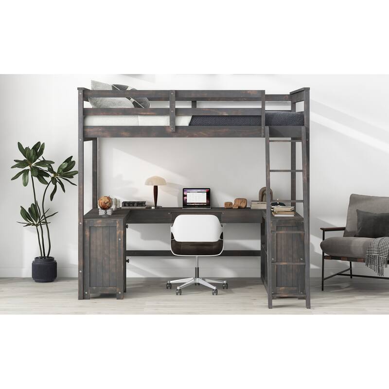 Roomfitters Full Size Wood Loft Bed with U-Shaped Desk, Drawers and Storage Shelves, Antique Brown