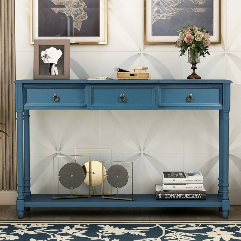 Rustic Console Table with 3 Drawers and Long Shelf (Antique Navy)