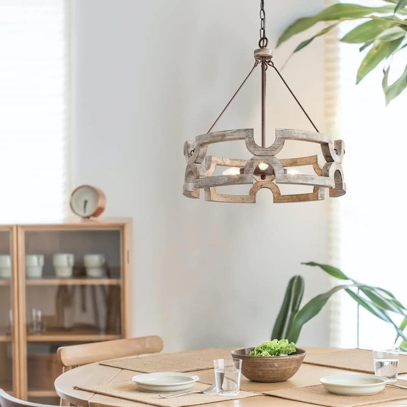 Farmhouse 3-Light Wood Drum Chandelier for Dining Room Bedroom