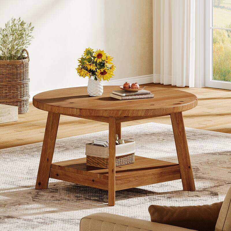 31.5 Inch Solid Wood Round Coffee Table with Storage