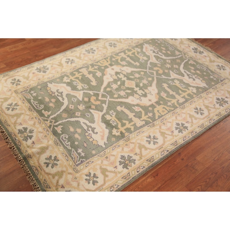 Green Oushak Oriental Rug Transitional Hand-Knotted Wool Carpet - 4'2"x 6'2"
