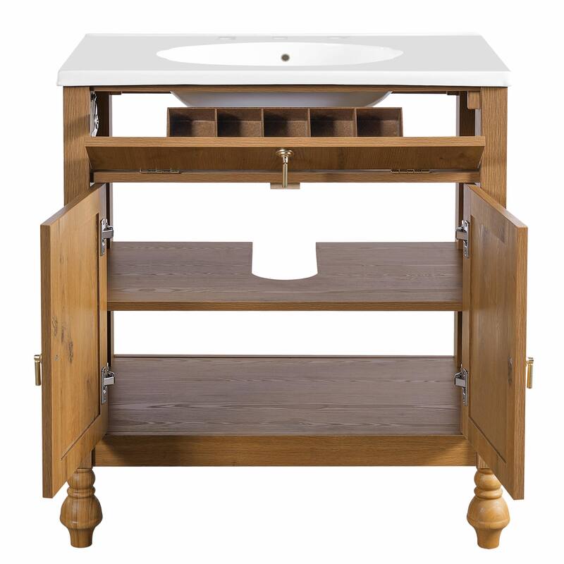 30-Inch Walnut Bathroom Vanity with Seashell Resin Sink, Flip-Up Storage & Soft-Close Doors