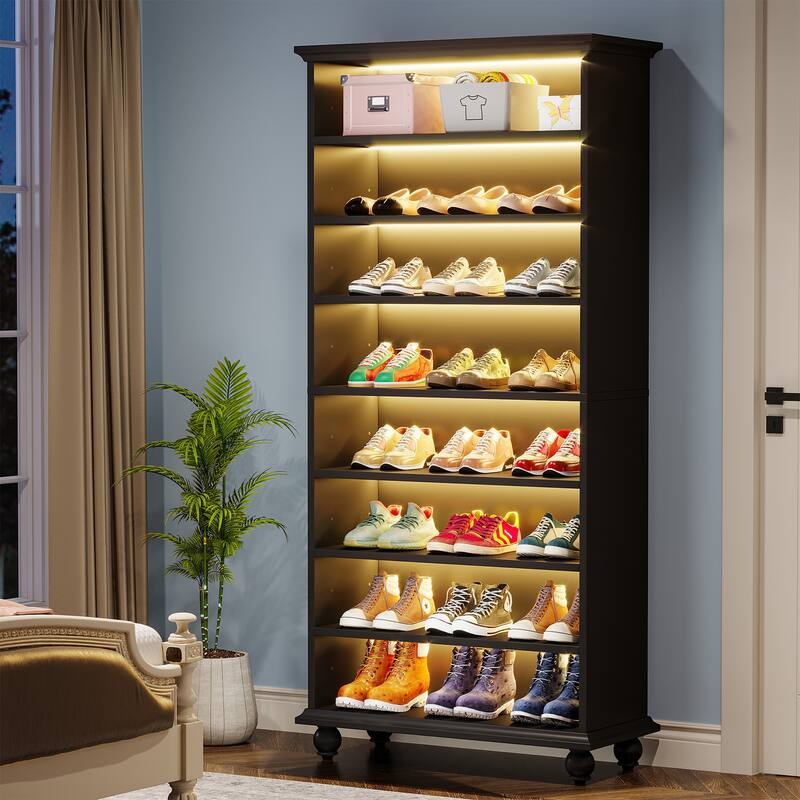 Narrow Tall Shoe Cabinet with LED Lighting, 9-Tier 30 Pairs Freestanding Shoes Storage Cabinet - Black
