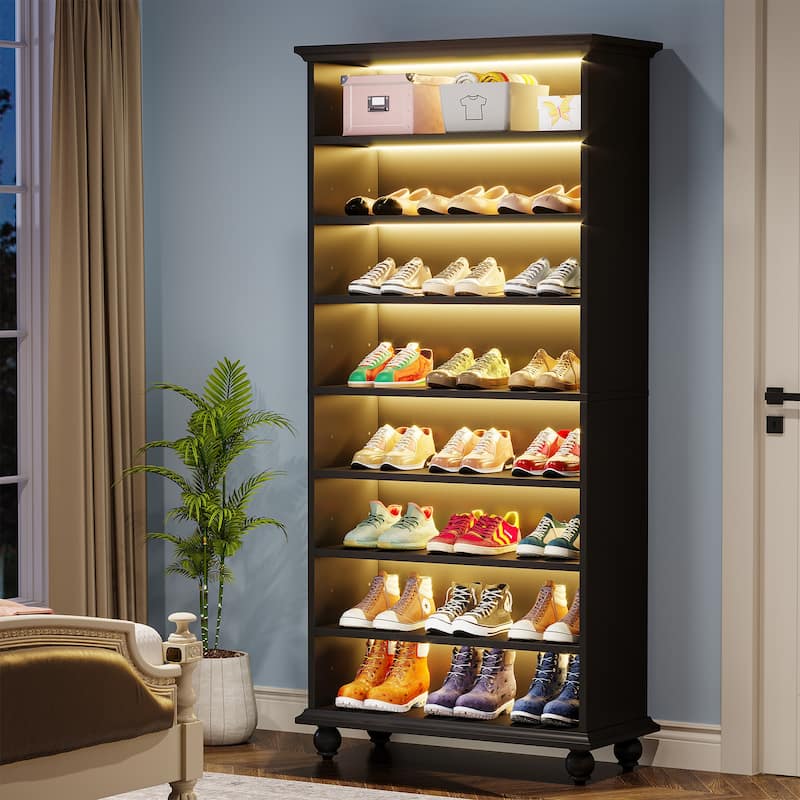 Narrow Tall Shoe Storage Cabinet with LED Lighting for Entryway - 9-Tier - Black