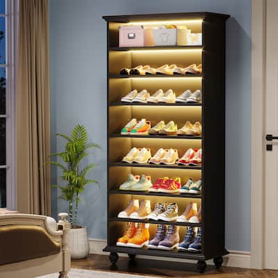 Narrow Tall Shoe Storage Cabinet with LED Lighting for Entryway - 9-Tier