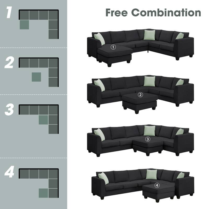 L Shape Fabric Sectional Sofa, 7 Seats Modular Sectional Sofa with Ottoman, 3 Pillows