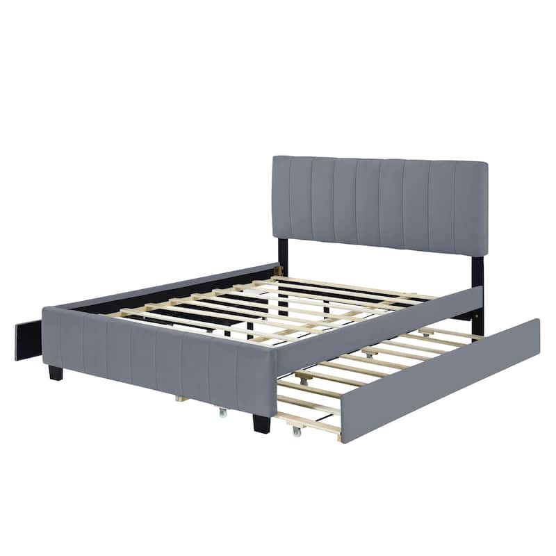 Velvet Upholstered Platform Bed with 2 Drawers and 1 Trundle - Gray