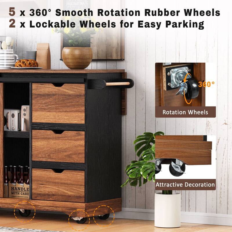 55.5" Farmhouse Kitchen Island with Drop Leaf, Rolling Kitchen Cart on Wheels with Spice Rack