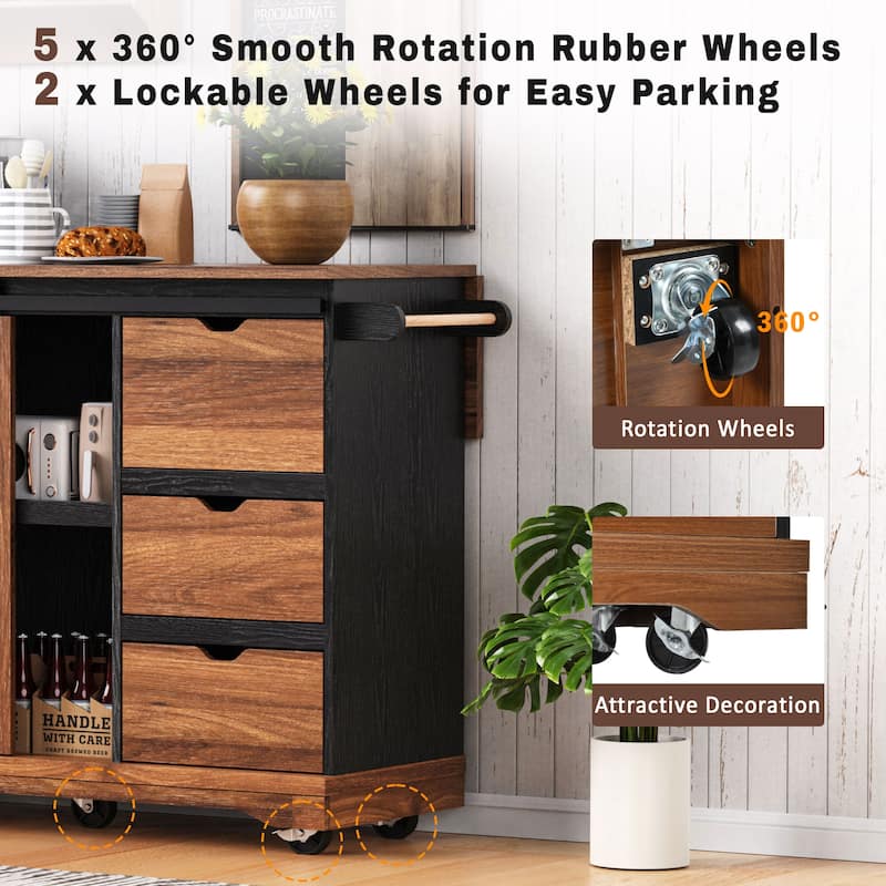 Drop Leaf Dining Table, Rolling Kitchen Island with Sliding Barn Door, Kitchen Cabinet with Built-In Charging Station