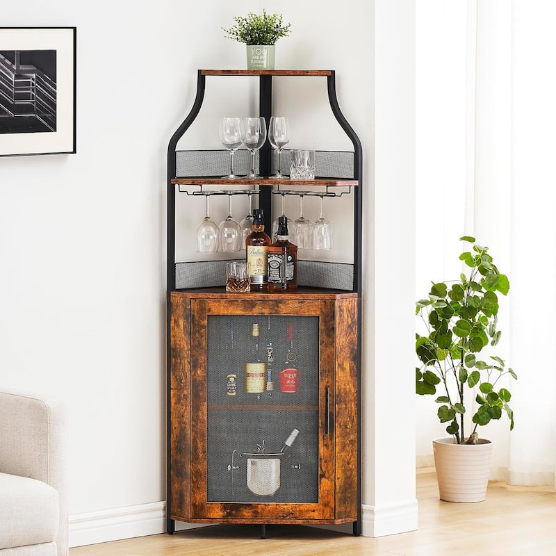 Corner Wine Cabinet with Detachable Wine Rack, 5-Tier Industrial Corner Bar Cabinet - Rustic Brown