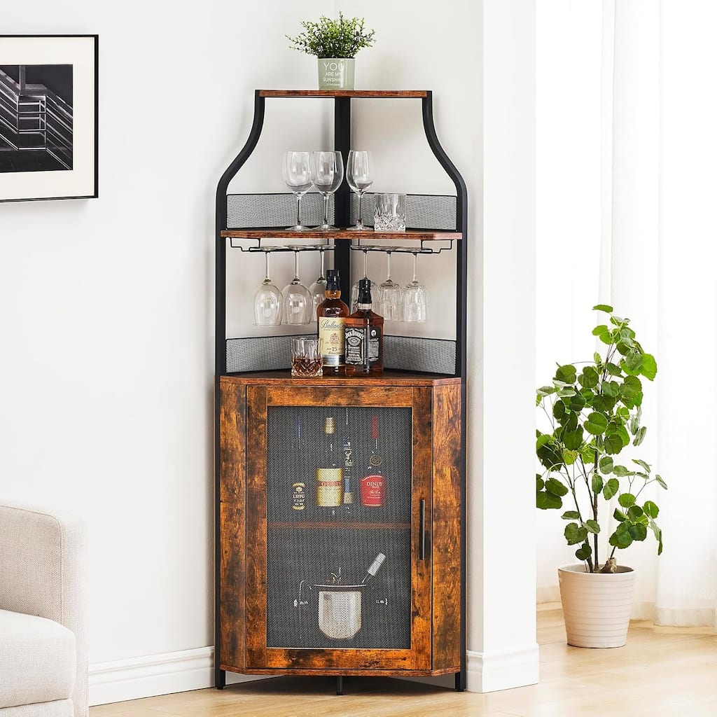 Corner Wine Cabinet with Detachable Wine Rack, 5-Tier Industrial Corner Bar Cabinet