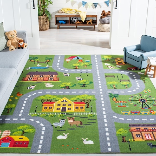 slide 2 of 55, SAFAVIEH Kids Playhouse Machine Washable Slip Resistant Violanthi Neighborhood Road Rug Dark Green/Light Grey - 7'9" x  10' - Rectangle