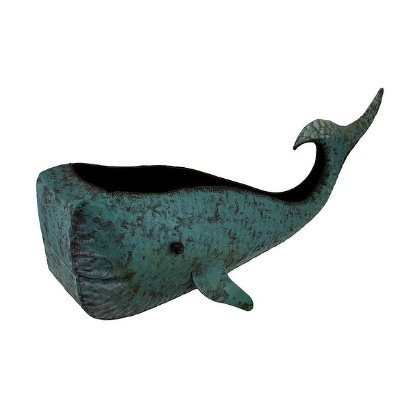 Green Verdigris Distressed Finish Metal Whale Planter - 7.5 X 22.5 X 5.5 inches