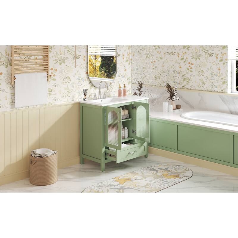 Bathroom Vanity with Ceramic Sink, Bathroom Storage Cabinet with Waffle Texture Glass Doors, 4 Drawers & Adjustable Shelf
