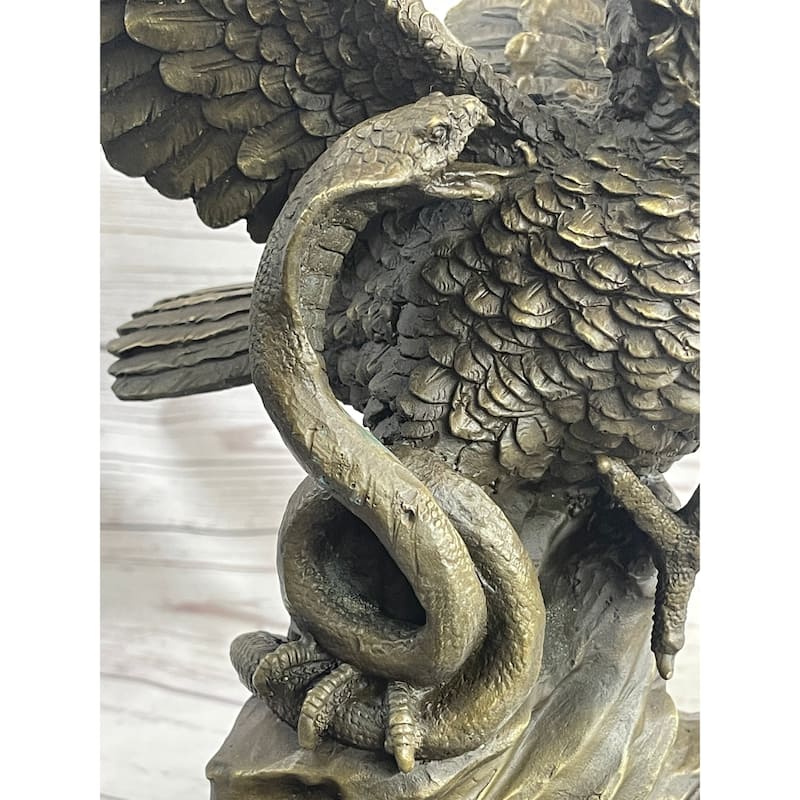 Owl And Imitative Snake Bronze Statue Sculpture On Marble Base 15 Inches X 12 Inches