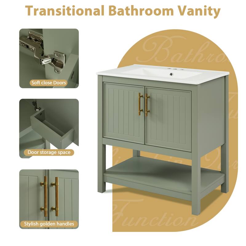 30'' Bathroom Vanity Combo with Ceramic Sink, Freestanding Bathroom Vanity Cabinet with 2 Soft Close Doors and Versatile Storage