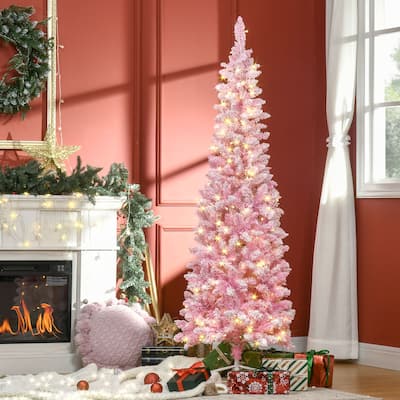 6ft Pre-lit Snow Flocked Pencil Christmas Tree with LED Lights, Auto Open