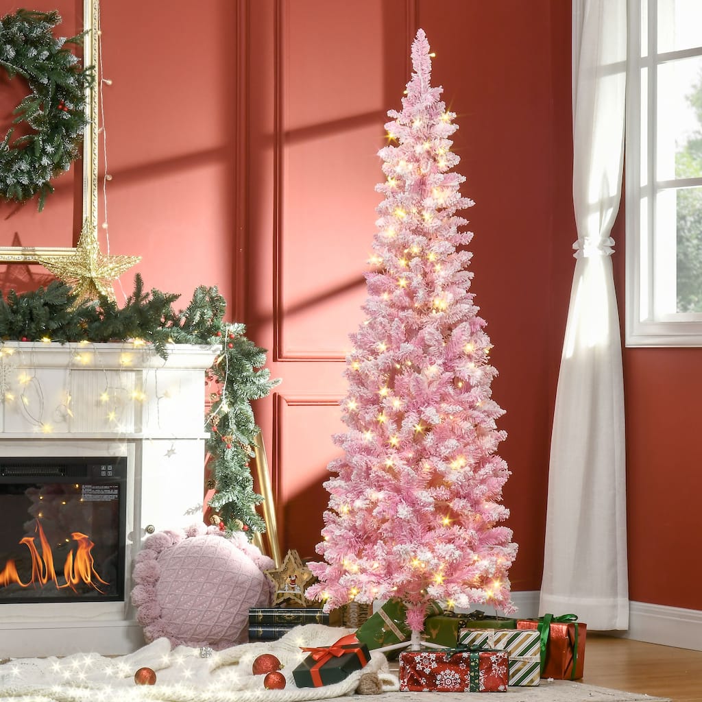 HOMCOM Slim Flocked Christmas Tree with Lights