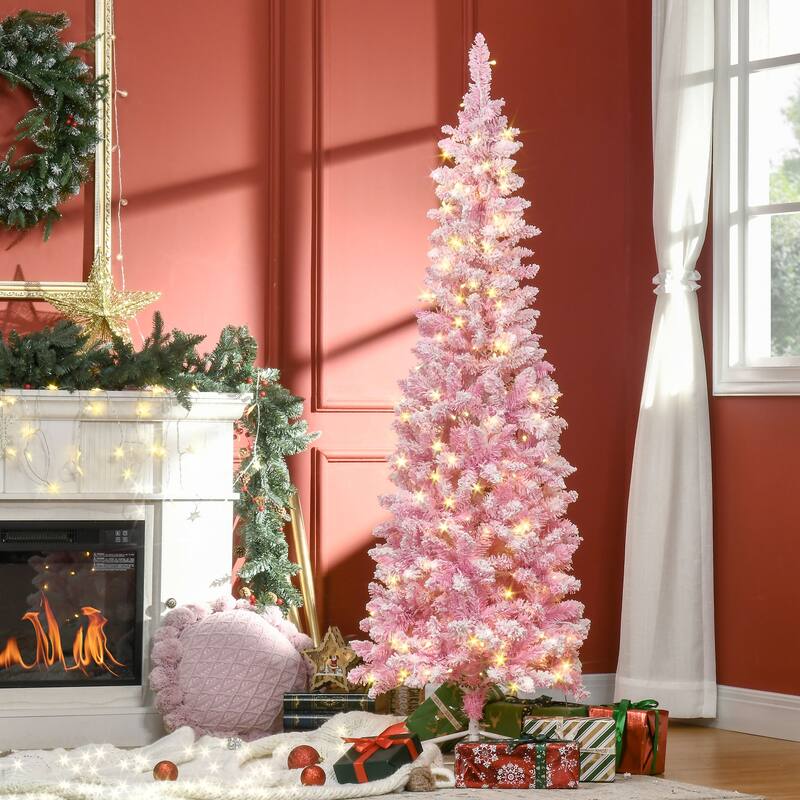 Prelit Snow Flocked 6ft Pencil Tree with 200 Warm White LED Lights and Easy Setup, Xmas Tree for Home Holiday Decor - Pink