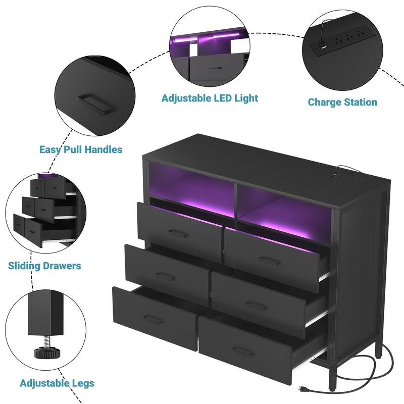 Chest of Drawers with LED Lights and Outlets,Wood Drawer Dresser for Clothes Storage