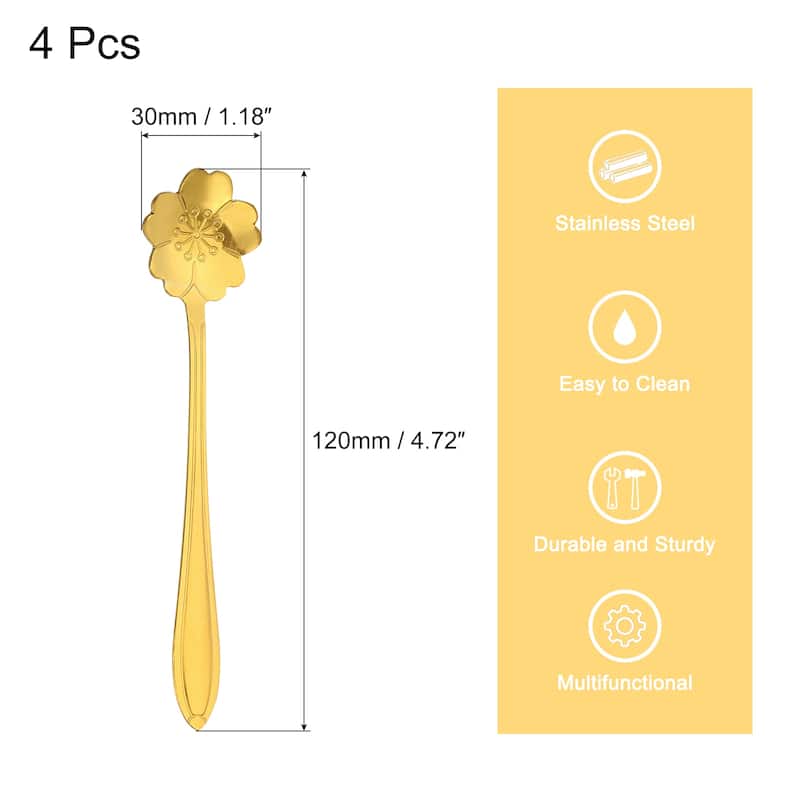 4Pcs 5" Stainless Steel Flower Spoons Coffee Spoon Small Teaspoon - Gold