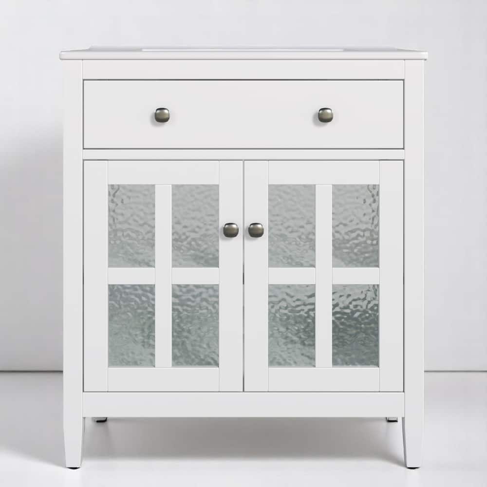 30" Bathroom Vanity with Ceramic Sink, Solid Wood Tapered Legs, Tip-Out Tray & Soft-Close Hinges