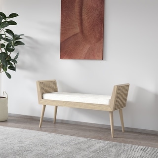 Aderyn Mid-Century Padded Bench with Raised Rattan Arms