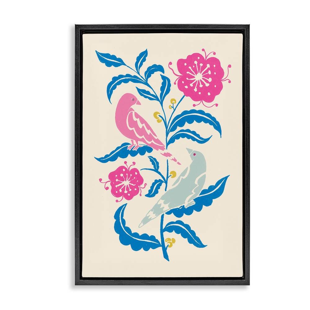 Stupell Minimal Bird Couple on Leaves Framed Floater Canvas Wall Art Design By Hannah Moren