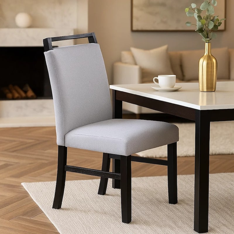 Dining Side Chair Set of 2, Charcoal Gray Fabric Foam Seat, Black Rubberwood