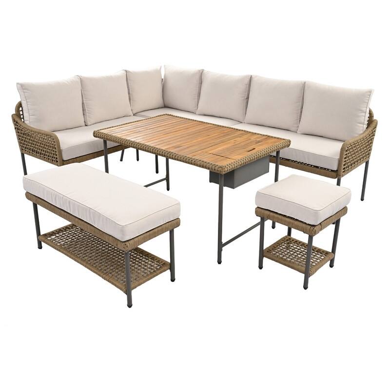 6-Piece L-Shaped Outdoor Sectional Sofa Set with Acacia Wood Table and Ice Box for Comfortable Patios