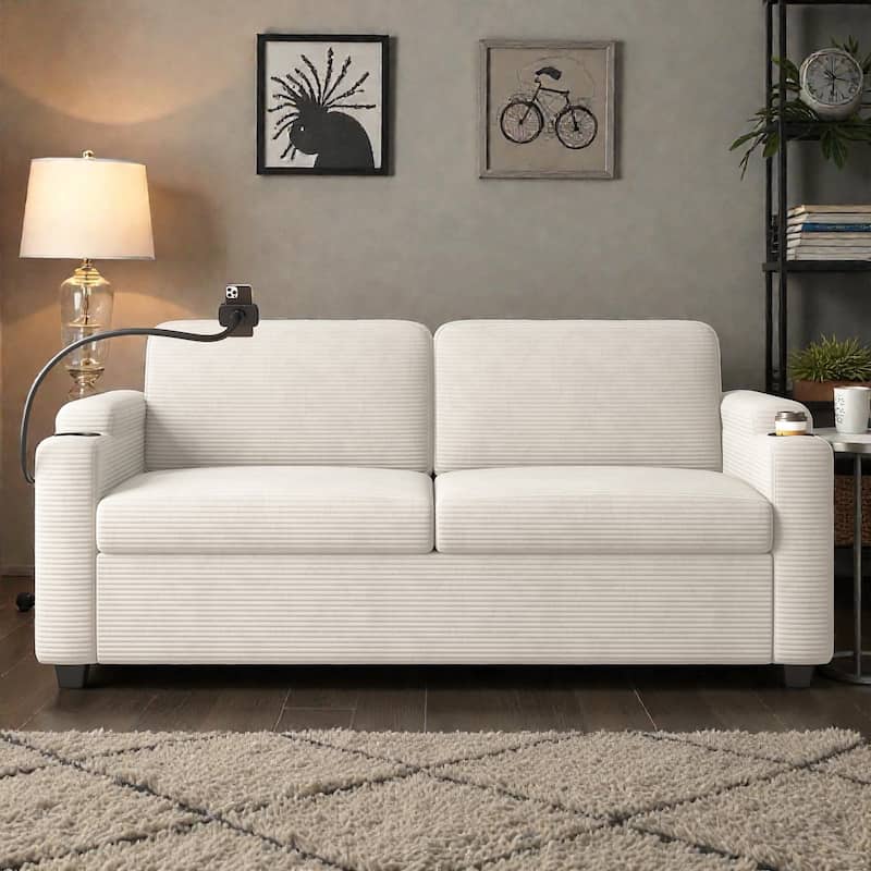 72.8" Corduroy Sleeper Sofa, Full Size Loveseat Bed with Mattress, USB Ports, Cup Holders, Side Pockets & Phone Holder - Beige