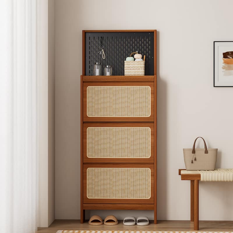 Rattan Cabinet,Free Standing Shoe Rack with 3 Flip Drawers & Pegboard,Hidden Narrow Shoe Cabinet,24.88"W x 7.88" D x 65"H - Walnut