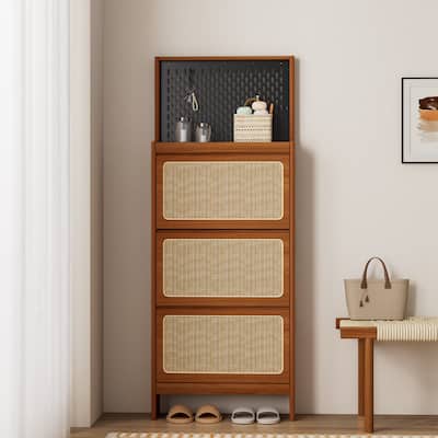 Rattan Shoe Cabinet for Entryway, Shoe Rack with 3 Flip Drawers & Black Pegboard