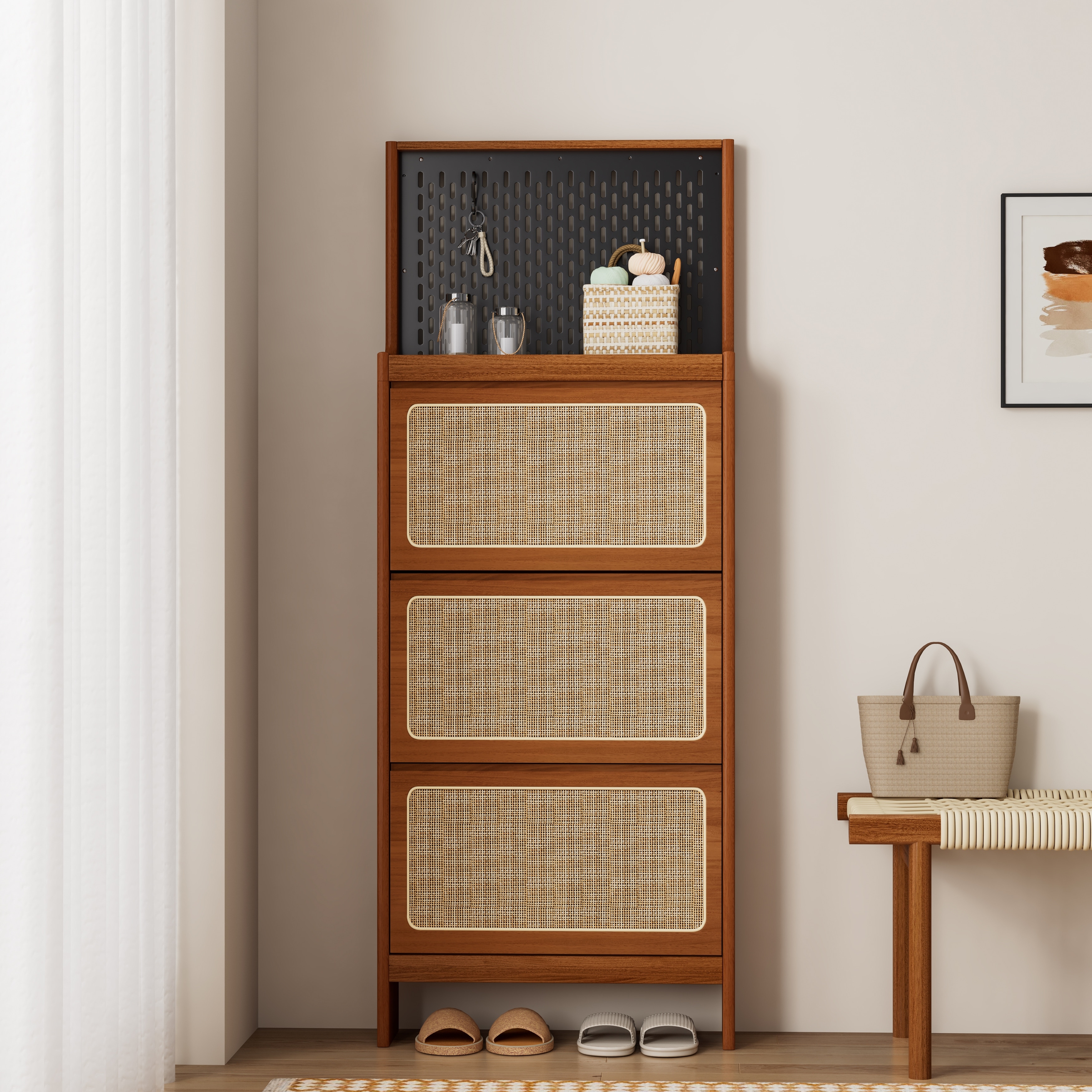 Rattan Shoe Cabinet for Entryway Shoe Rack with 3 Flip Drawers Black Pegboard Bed Bath Beyond 40648188